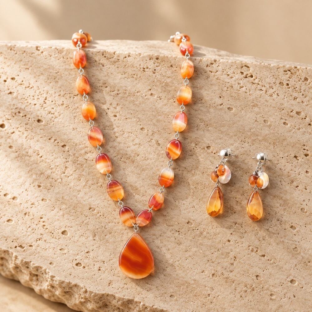 Vintage Artisanal Banded Carnelian Agate Statement Jewelry Set